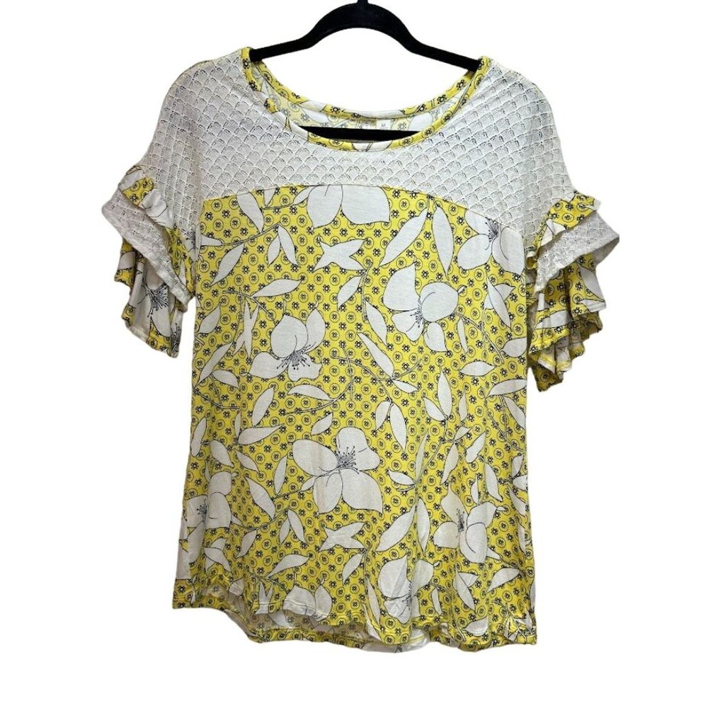 EST. 1946 Women's M Yellow and White Floral Short Sleeve Blouse
